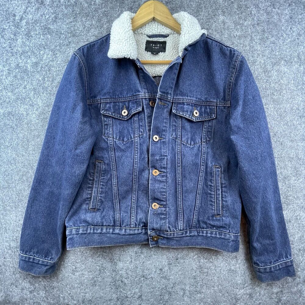 Triot Los Angeles Denim Trucker Jacket Mens Medium Sherpa Collar Chore Work Barn